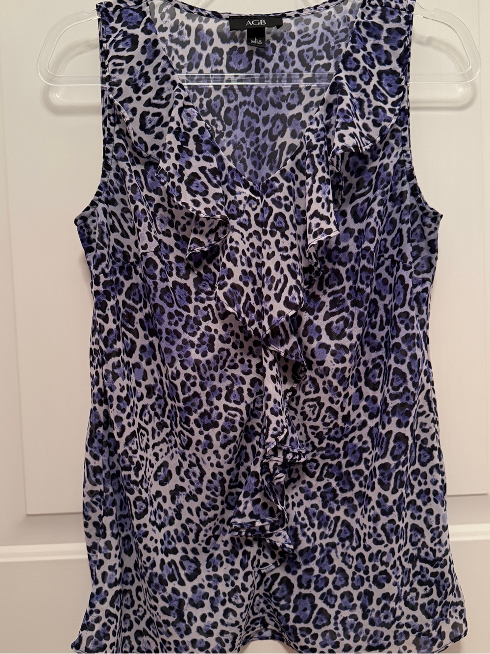 AGB Blue Leopard Animal Print Ruffle Sleeveless Blouse Women’s Large